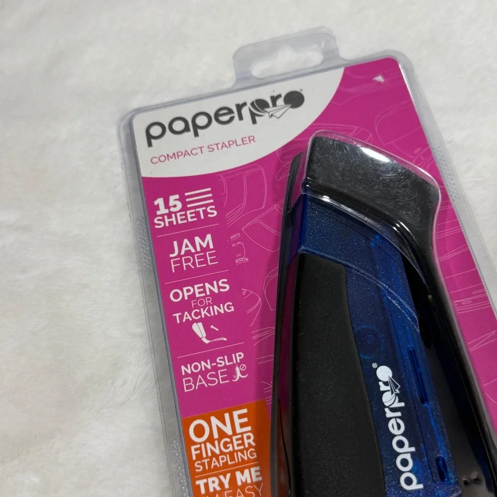 PaperPro Compact Stapler Blue Black One Finger 15 Sheet Capacity Jam Free 3054